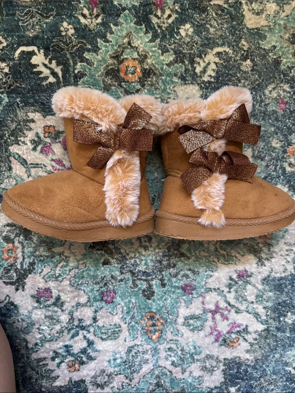 Kids Tan Faux-Fur Bow Winter Boots